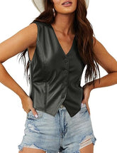 Women Black Leather Vest